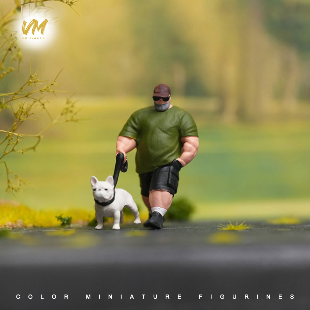 1/87/64/43/24/18 遛狗酷男微缩场景模型搭配手工涂装小人偶模型