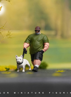 VM 1/87/64/43/24/18 遛狗酷男微缩场景模型搭配手工涂装小人偶