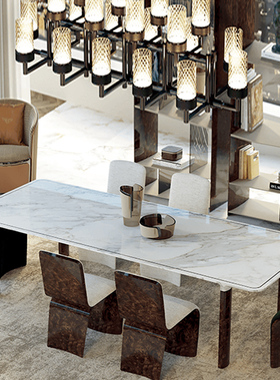 意式轻奢餐桌鱼肚金奢石简约现代8人吃饭桌椅餐厅Bentley同款桌子