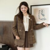 女装 胖mm秋格纹西装 外套毛呢大衣搭配衬衫 DM100大码 复古半裙套装