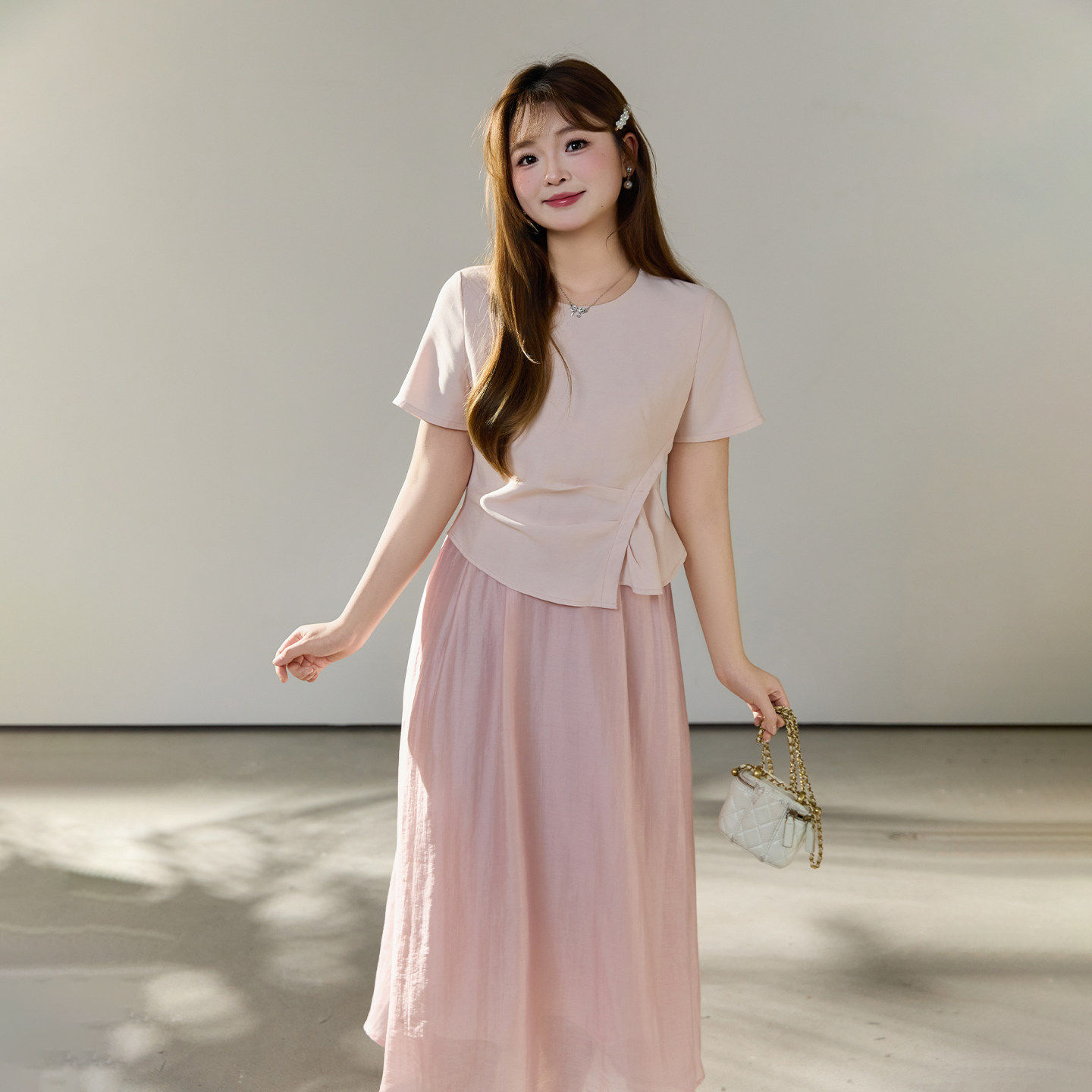 DM100大码女装微胖mm显瘦长裙夏季休闲甜美假两件撞色拼接连衣裙