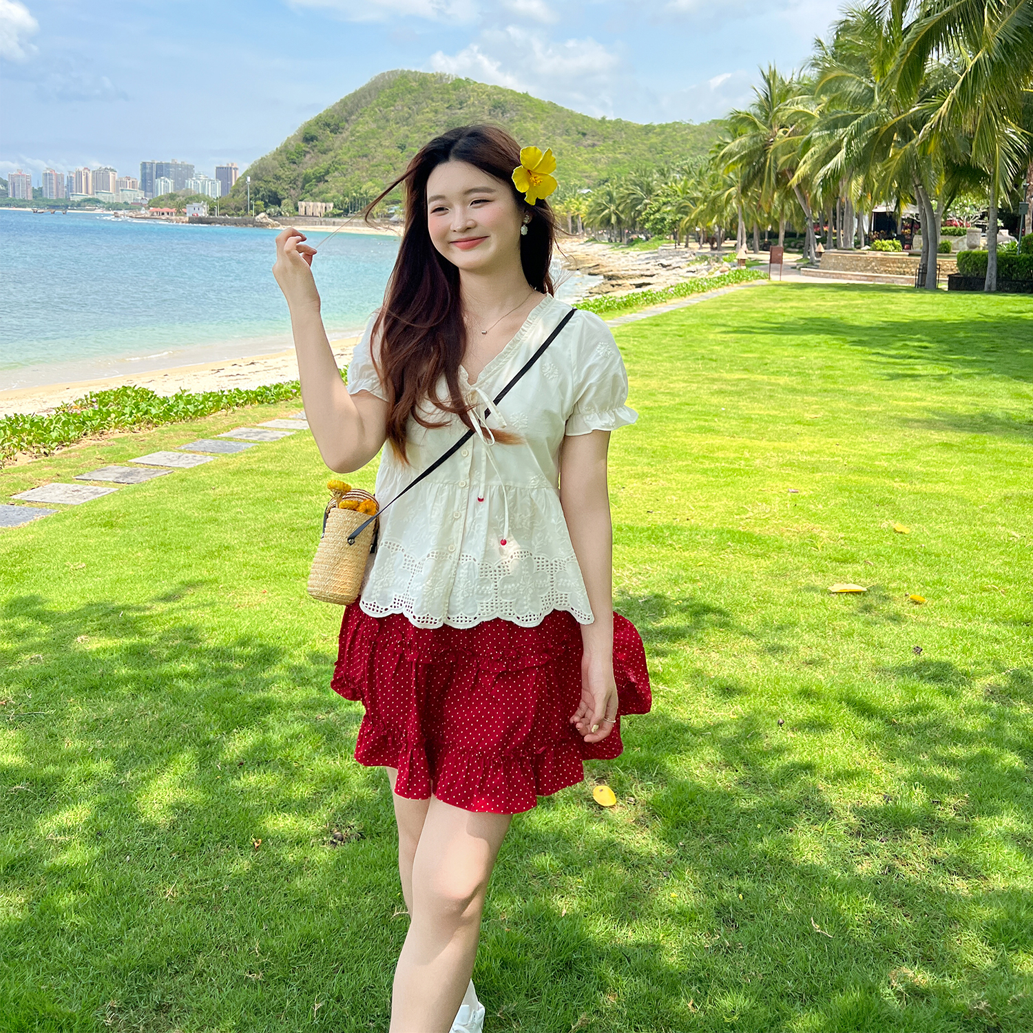 DM100大码女装夏季胖mm甜美可爱纯棉衬衣红色波点半裙套装
