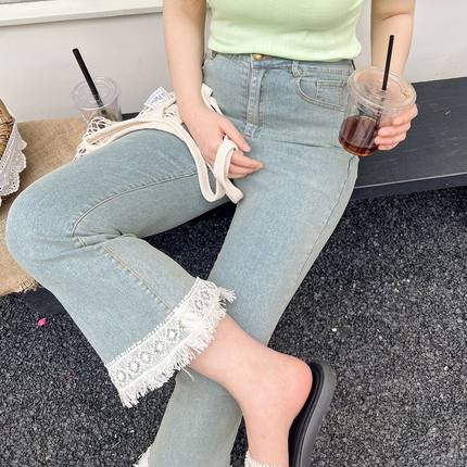 DM100大码女装2025夏新款女装显瘦复古怀旧微喇裤长短款牛仔裤