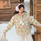 DM100大码 保暖外套羊羔毛撞色格纹连帽棉服 新款 女装 微胖mm显瘦季