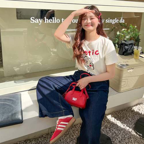 DM100大码女装新款夏季宽松上衣可爱撞色印花短袖T恤