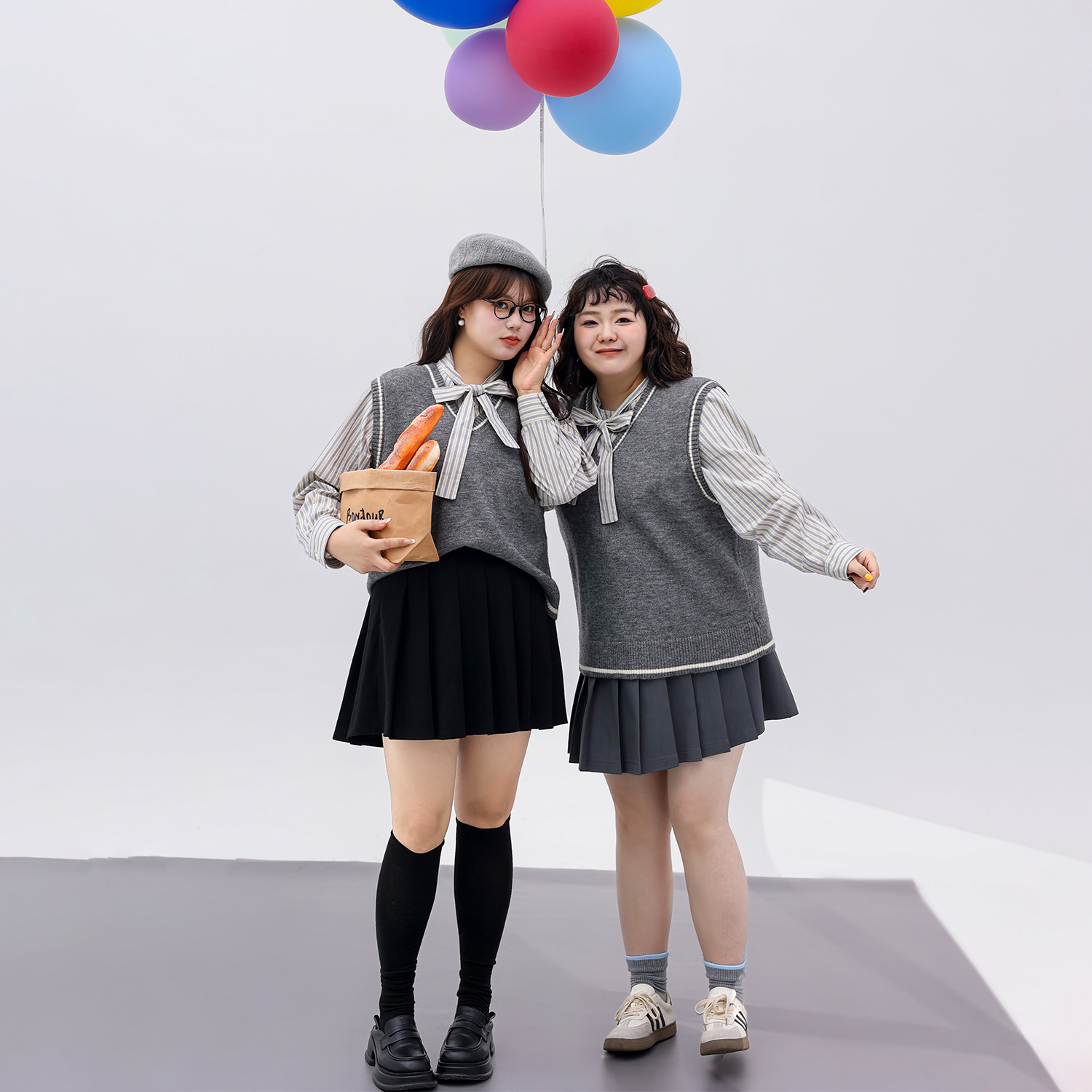 DM100大码女装微胖mm秋冬撞色条纹针织马甲衬衫学院风套装