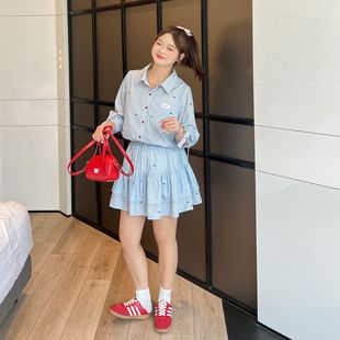 DM100大码女装秋季裙子胖mm甜美显瘦蓝长袖竖条纹衬衫半身裙套装