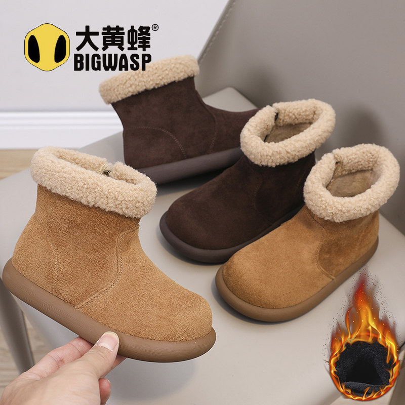 大黄蜂童鞋女童短靴冬季加绒加厚雪地靴儿童休闲大棉鞋反绒皮靴子