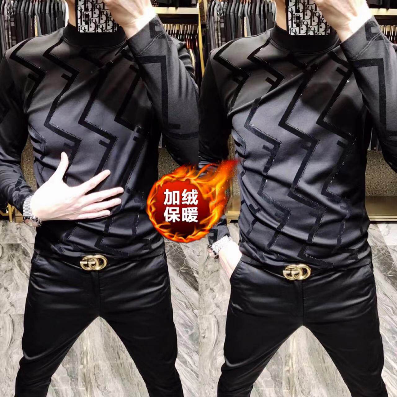 701春季新款男士商务休闲圆领长袖T恤时尚植绒印花修身打底衫上衣