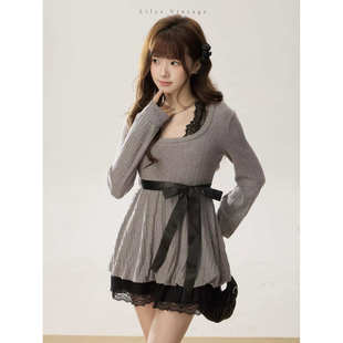 莉莉丝vintage 古着连衣裙 公主长袖拼接蕾丝秋冬假两件拼接蕾丝