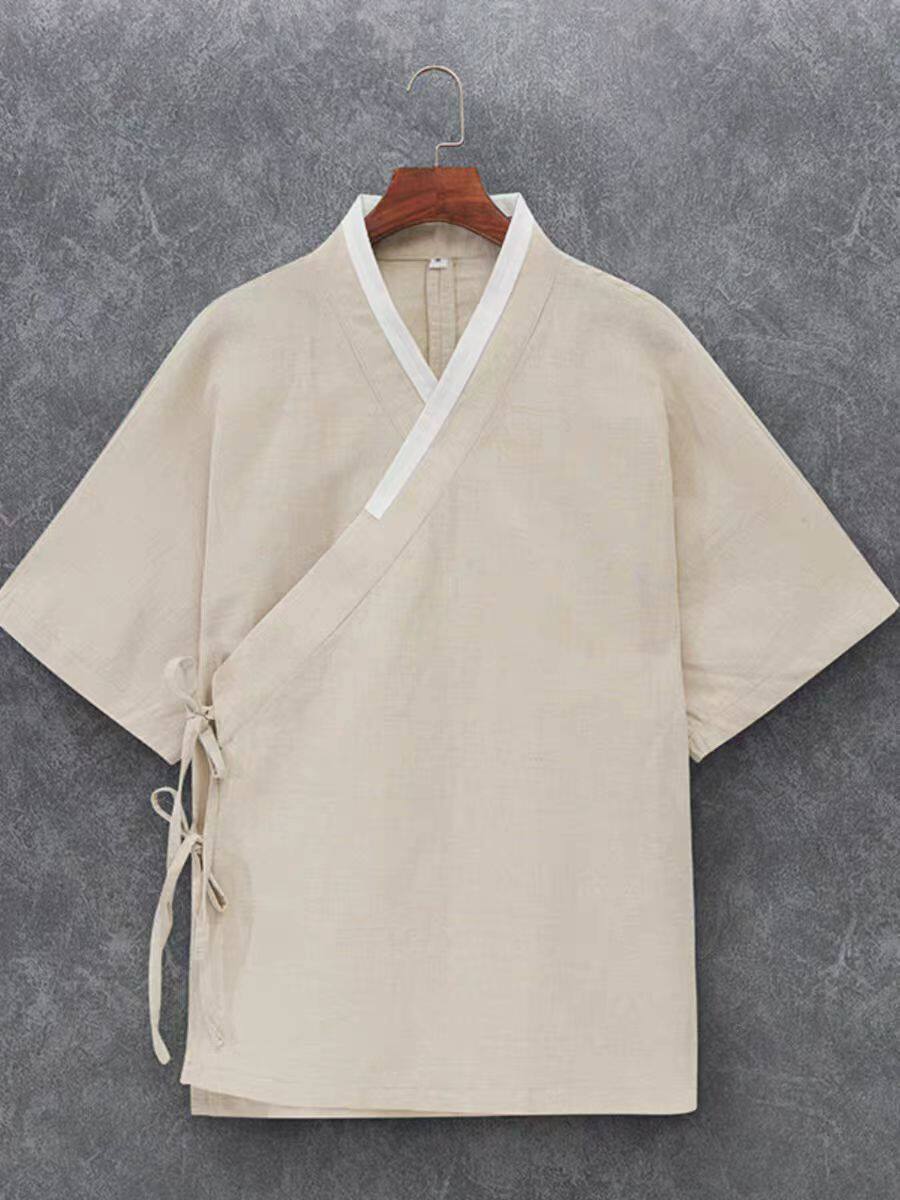 夏季棉麻短袖衬衫复古中国风亚麻新中式休闲禅服斜襟男装宽松汉服