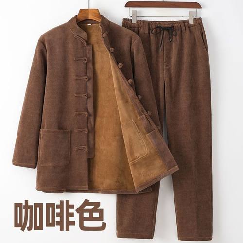 灯芯绒唐装男士中国风中式套装条绒两件套加绒加厚秋冬季保暖外套