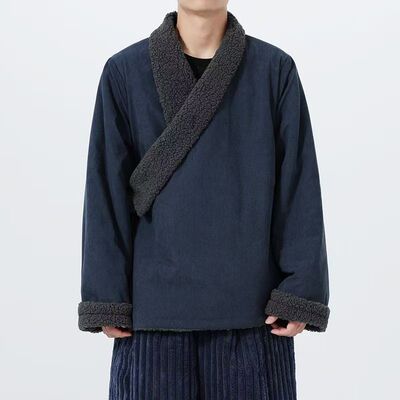 冬季新中式加绒加厚汉服男中国风保暖藏袍复古风唐装棉衣斜襟外套