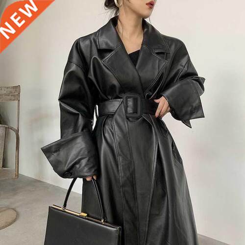 Lutro Long oversized lether trench cot for women long sl
