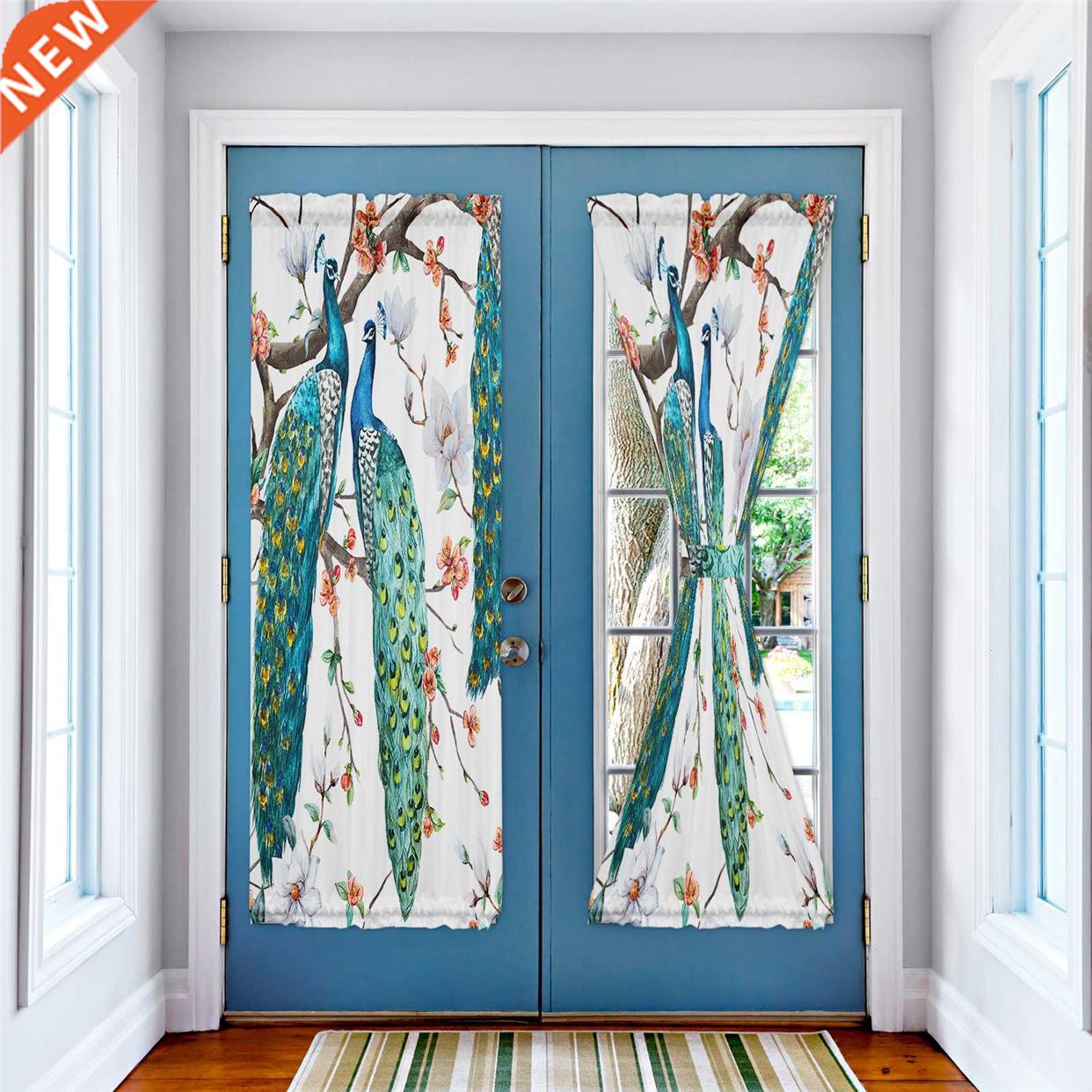 Three Peacocks Standing On A Branch Door Curtain for