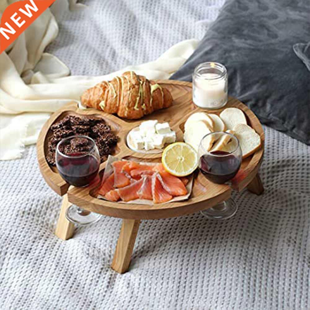 Wooden Outdoor Folding Picnic Table With Glass Holder Round