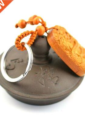 Pech Wood Crving Chinese Drgon Lucky Sttue Pendnt