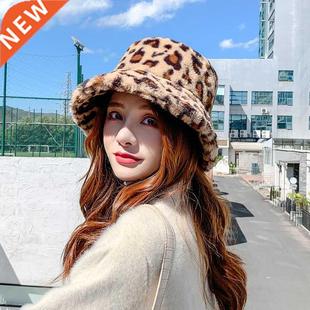 Winter New Women Bucket Hat Retro Leopard Warm Plush Soft Fu
