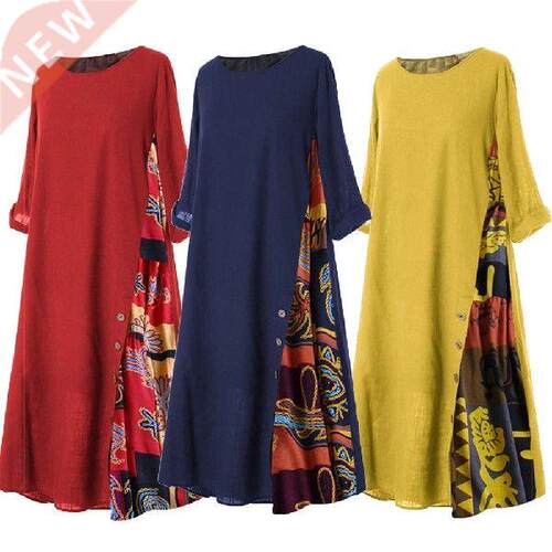 Summer Women Dress Plus Size Vintage O Neck /4 Sleeve Side