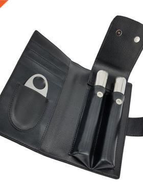 Cigar Case Holder 2 Tube Cigar Cutter Leather Cigar Pack