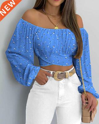 Autumn Women Daisy Print Crossed Tied Back Crop Top 2022 Fem