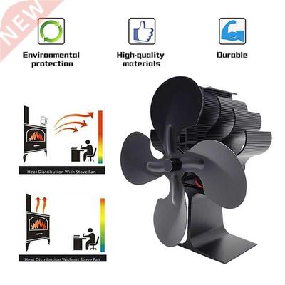 HOT Black Fireplace 4 Blades Heat Powered Stove Fan Log Wood