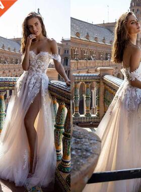 Boho Tulle A Line Wedding Dresses 2021 Off the Shoulder Lace