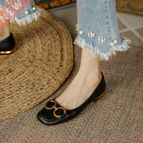 Ladies Flat Shoes Leather Retro Square Toe Loafers for Women