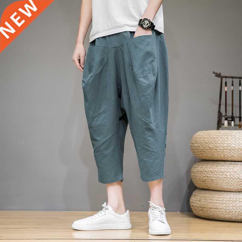 Baggy Cross Pants Men 2022 New Cotton Linen Calf Length Pant