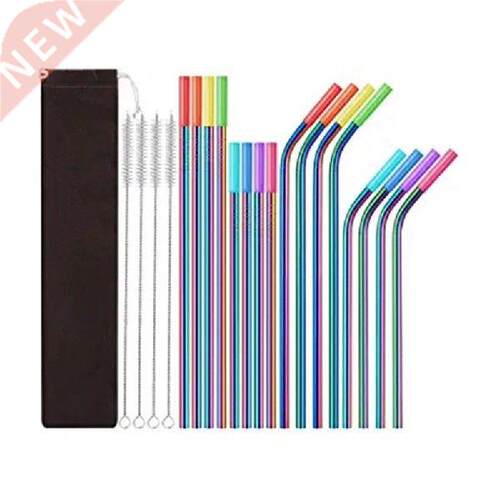 16 Pack Rainbow Color Reusable Metal Straws With Silicone