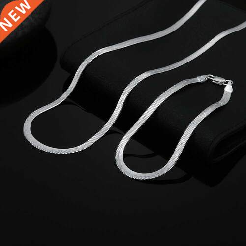 charms 925 Silver 4MM Flat chain bracelets neckalce set for