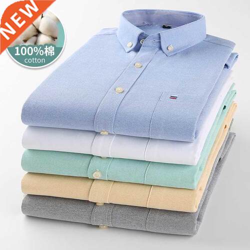 Mens Striped Shirts 100% Cotton Oxford Long Sleeve Plaid Sol