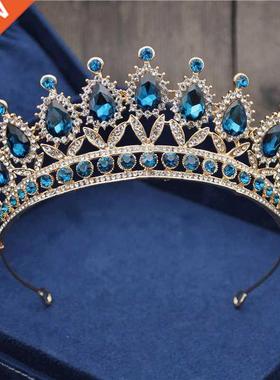 Baroque Vntage Blue Crystal Brde Crown Women Headdress Br