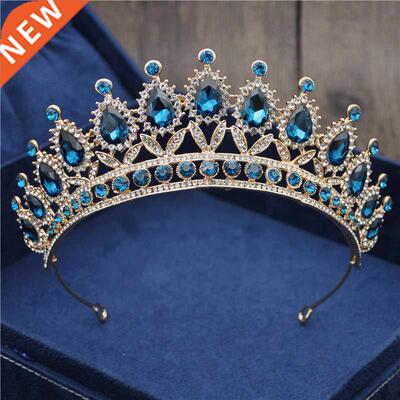 Baroque Vintage Blue Crystal Bride Crown Women Headdress Bri