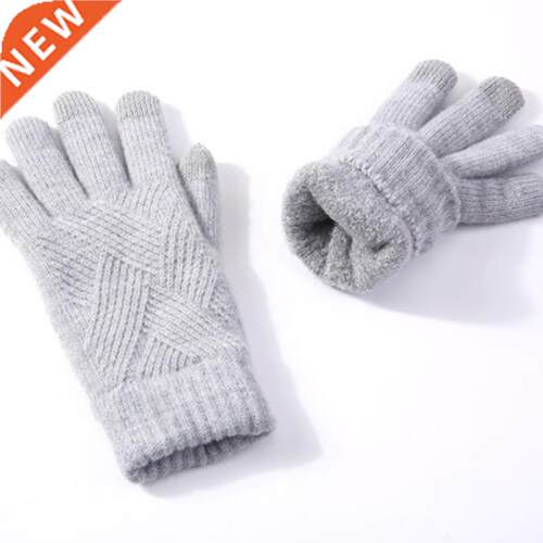 Men Women Winter Warm Knit Full Finger Mittens Female Solid