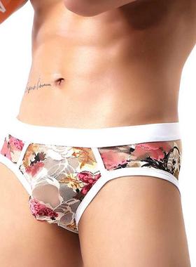 Men Flower Print Mesh Transparent Breathable Boxer Underpant