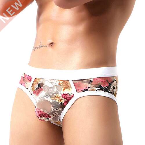 Men Flower Print Mesh Transparent Breathable Boxer Underpant