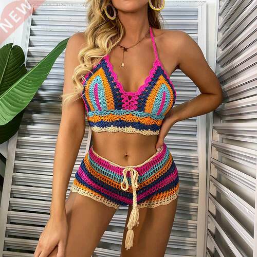 Crochet Bikini Sets Multi Color Knitted Rainbow Striped Off