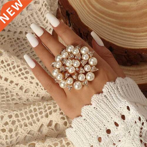 Elegant White Pearl Crystal Flower Women Ring Jewelry Access