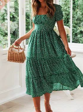 Vestidos Vintage Vintage Print Puff Sleeve summer Beach swee
