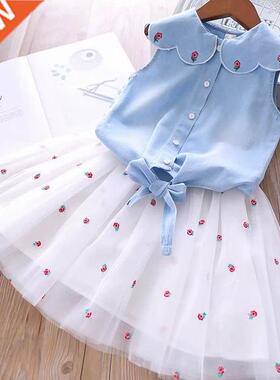 2021 Summer Girls	 Clothing Sets Denim Flower Embroid