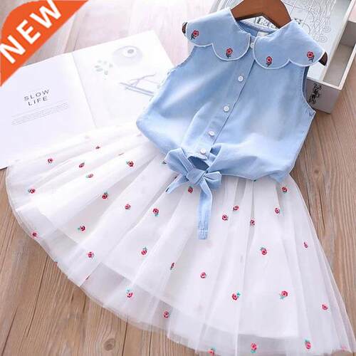 2021 Summer Girls	 Clothing Sets Denim Flower Embroid