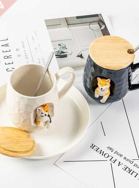 40ml Cute Animals Relief Ceramics Mug With Lid and Spoon Co