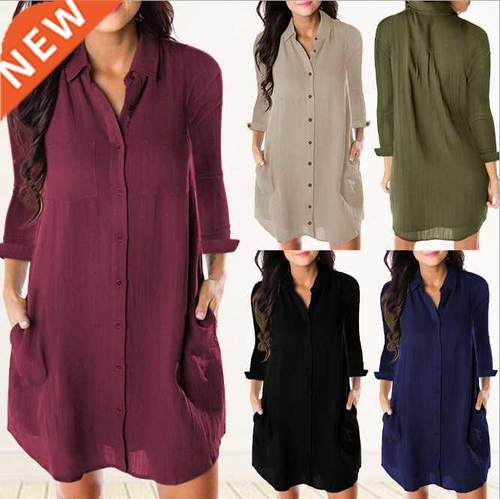 Solid color pocket loose casual long sleeve shirt dress Wome