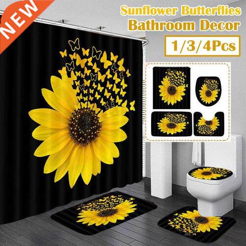 Sunflower Pattern Shower Curtain set Toilet Cover Rug Carpet