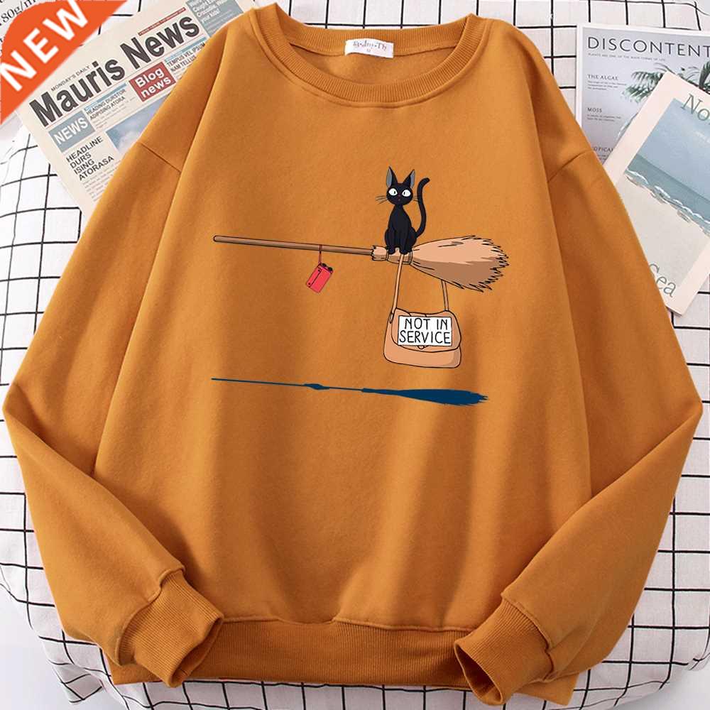 Cute Cat Not In Service Print Hoodies Women Casual Crewneck
