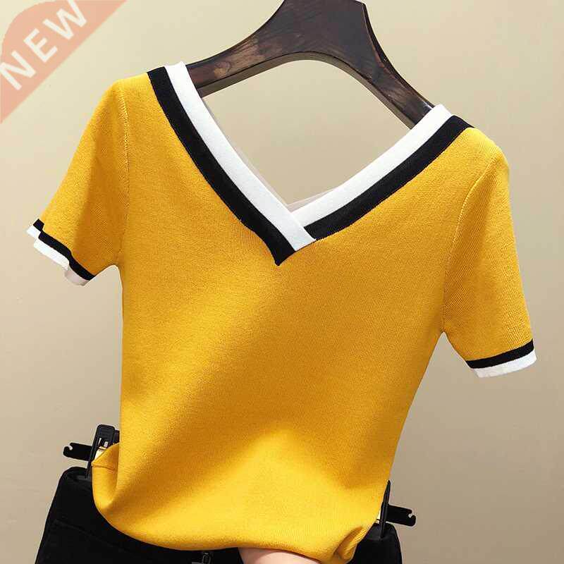 V-Neck T Shirt Women Tshirt Contrast Color Striped Knitted 2