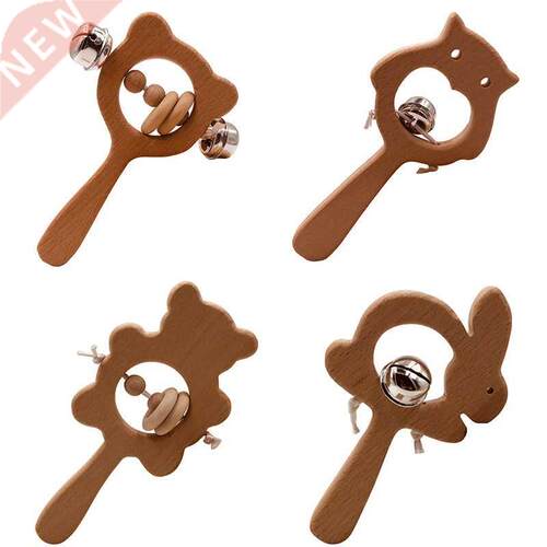Wooden Rattle Beech Bear Hand Teething Wooden Ring Baby Ratt