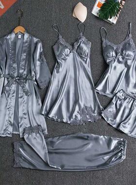 Sleepwear Female 5PCS Pajamas Set Satin Pyjamamas Lace Patch