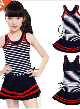 New Navy Style Swimsuits For Girls Striped Female 2 pieces